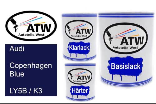 Audi, Copenhagen Blue, LY5B / K3: 1L Lackdose + 1L Klarlack + 500ml Härter - Set, von ATW Autoteile West.